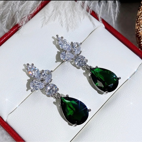 Teardrop Emerald & Diamond Drop Earrings - Picture 6 of 8
